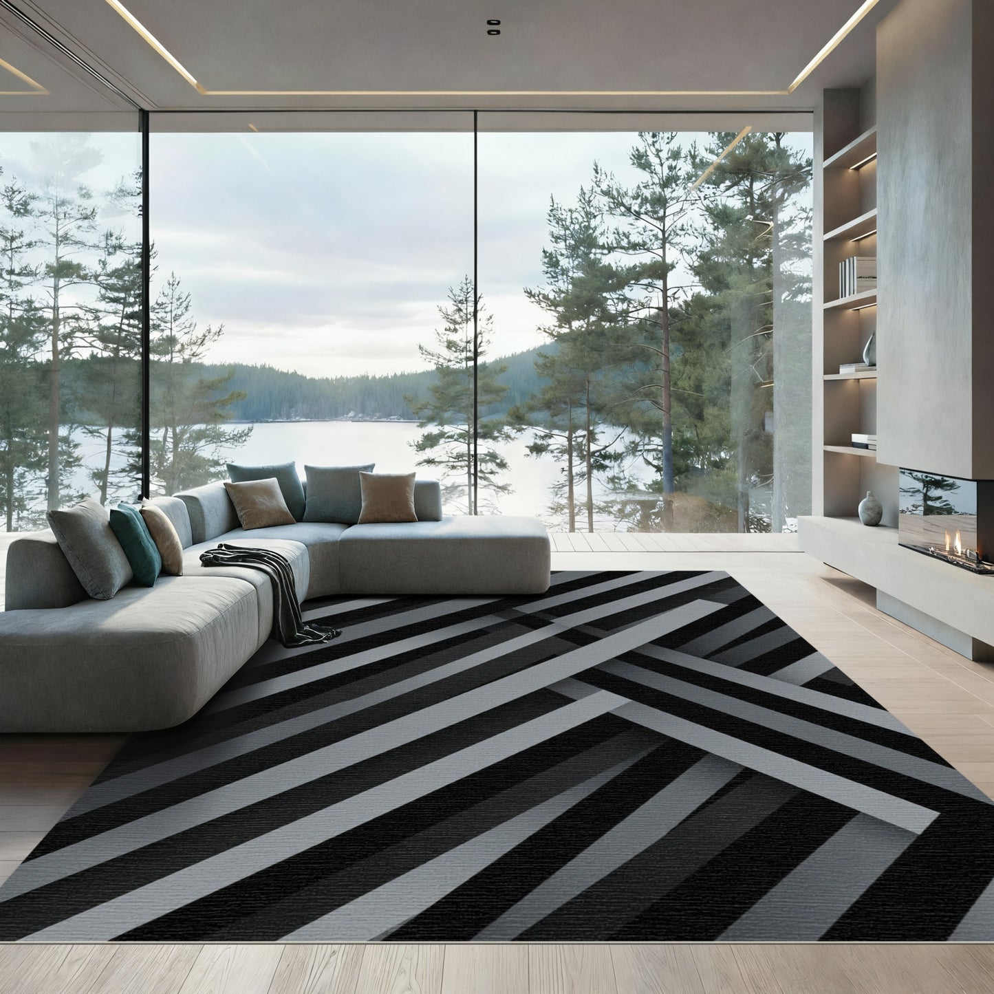 Monochrome Gray Diagonal Stripe Intersect Rug