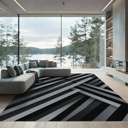 Monochrome Gray Diagonal Stripe Intersect Rug