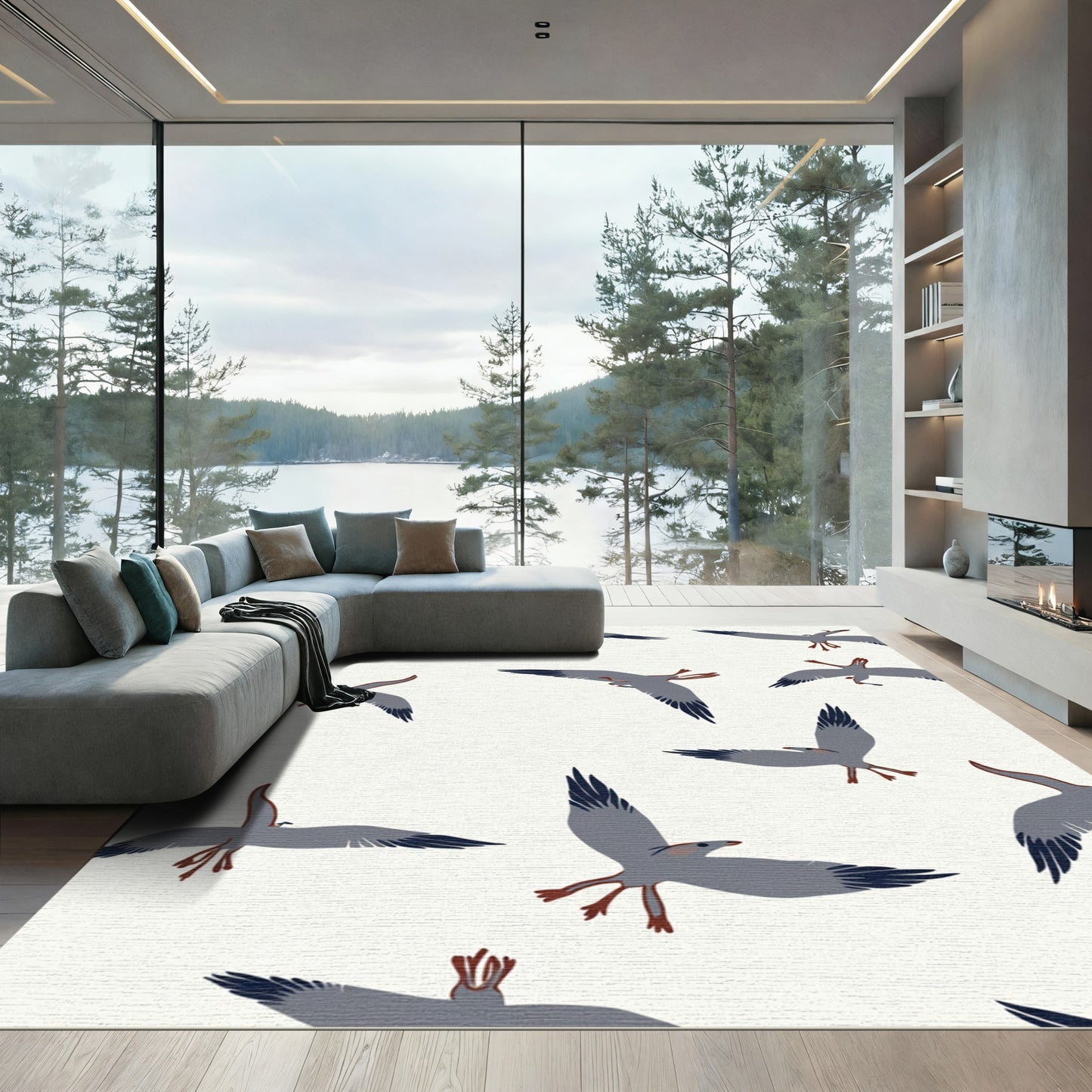 Gray Flying Birds Flock Pattern Rug