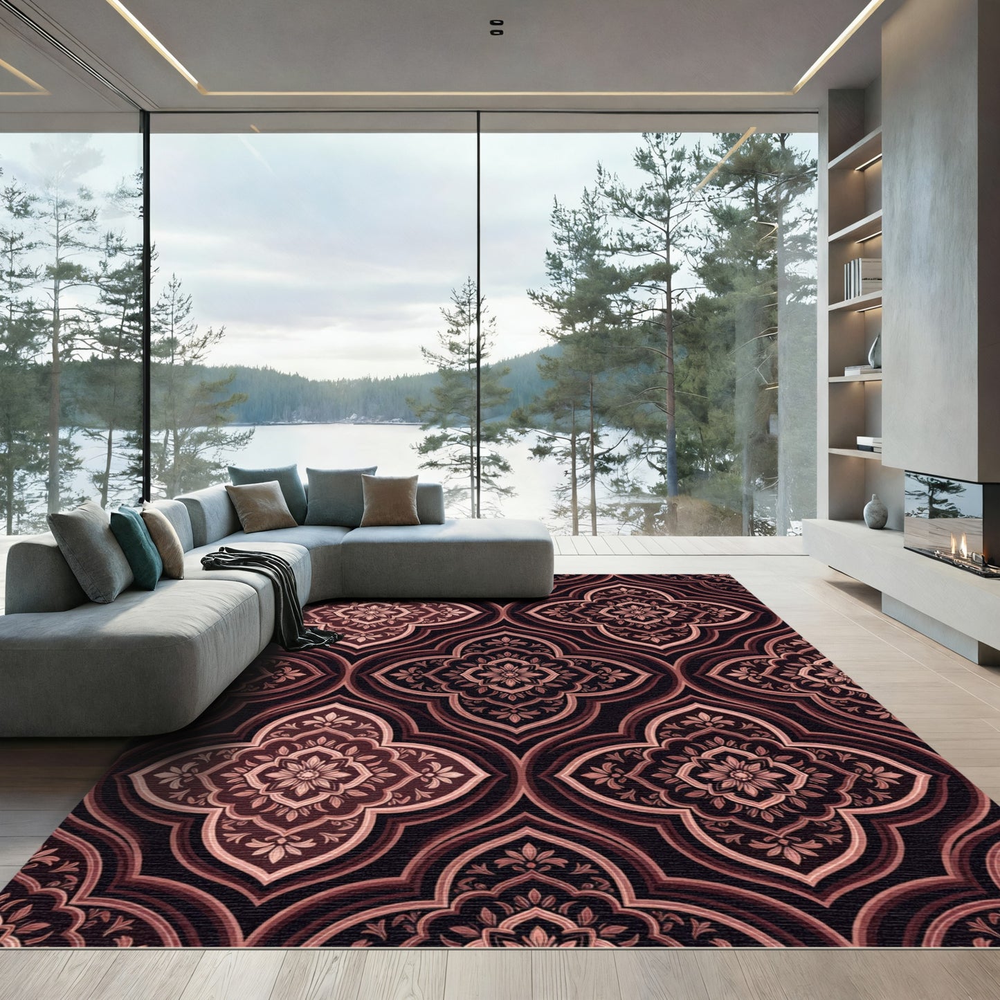 Elegant Burgundy Damask Floral Lattice Rug