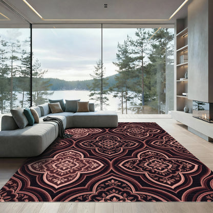 Elegant Burgundy Damask Floral Lattice Rug