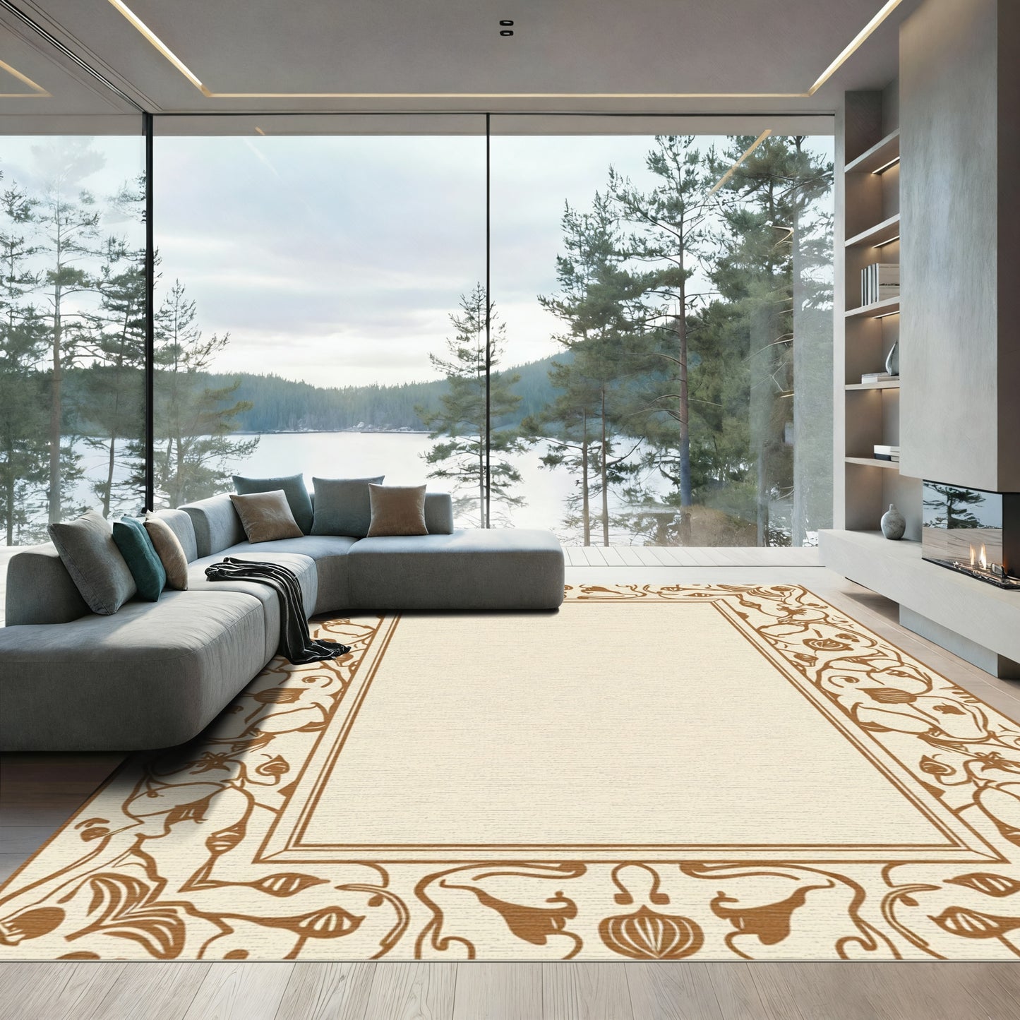 Bronze Art Nouveau Floral Border Rug