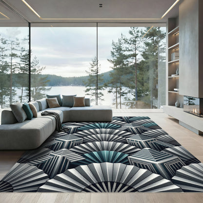 Art Deco Teal Geometric Fan Rug