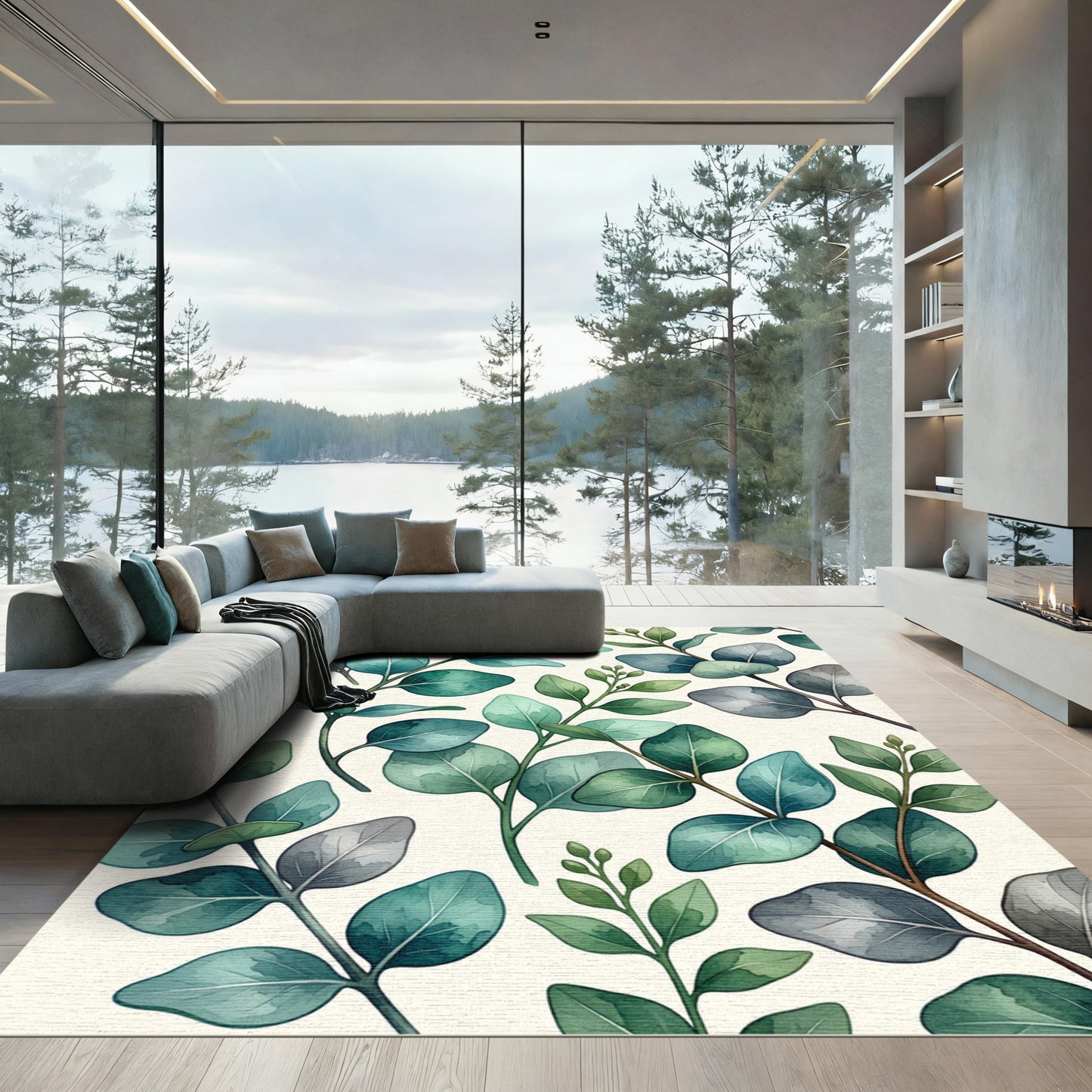 Aqua Eucalyptus Leaves Watercolor Sprigs Rug