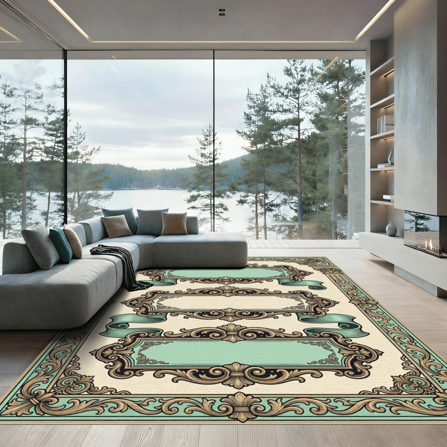 Ornate Baroque Mint and Gold Scroll Rug