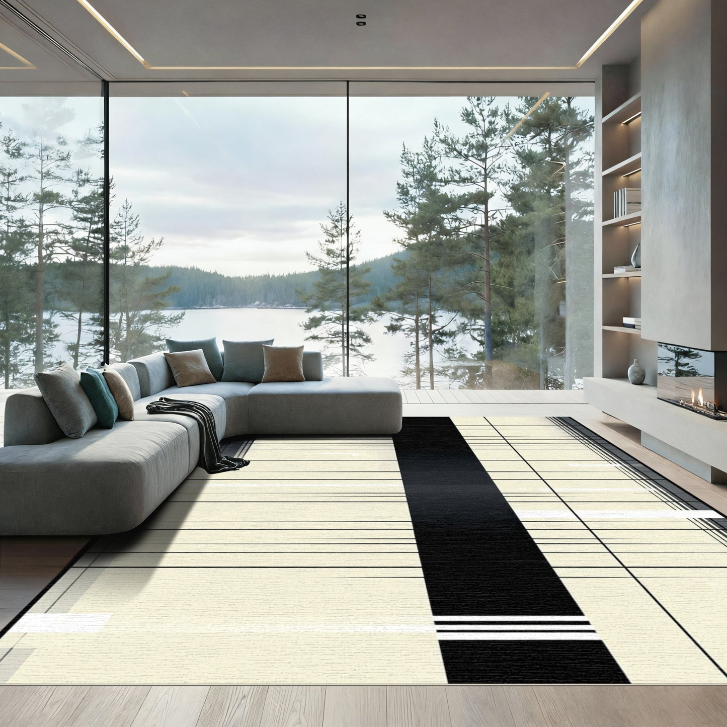 Modern Cream Black Striped Rectangles Rug
