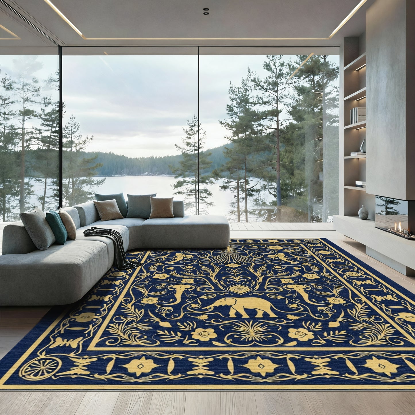 Golden Elephant Floral Border Rug