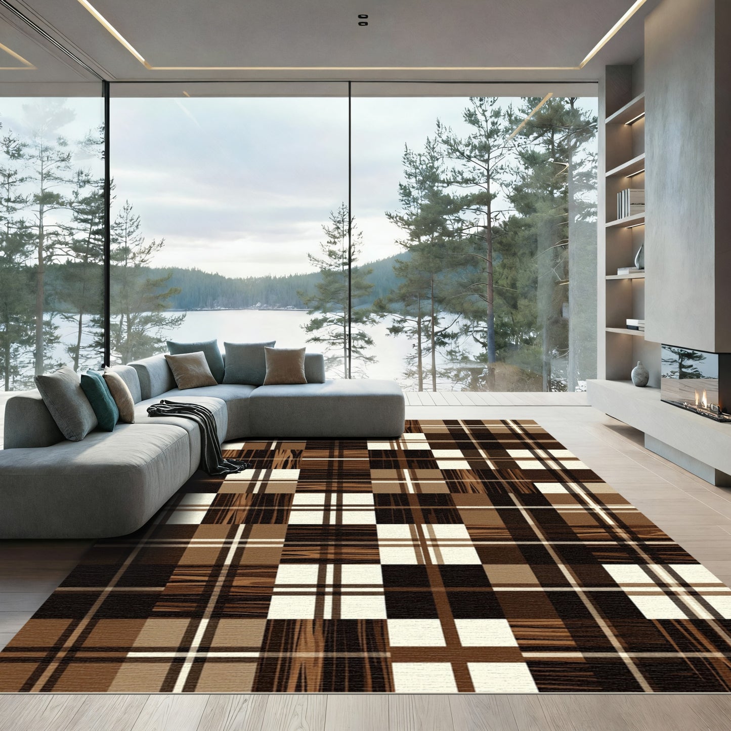 Brown Cream Plaid Wood Patchwork Rug