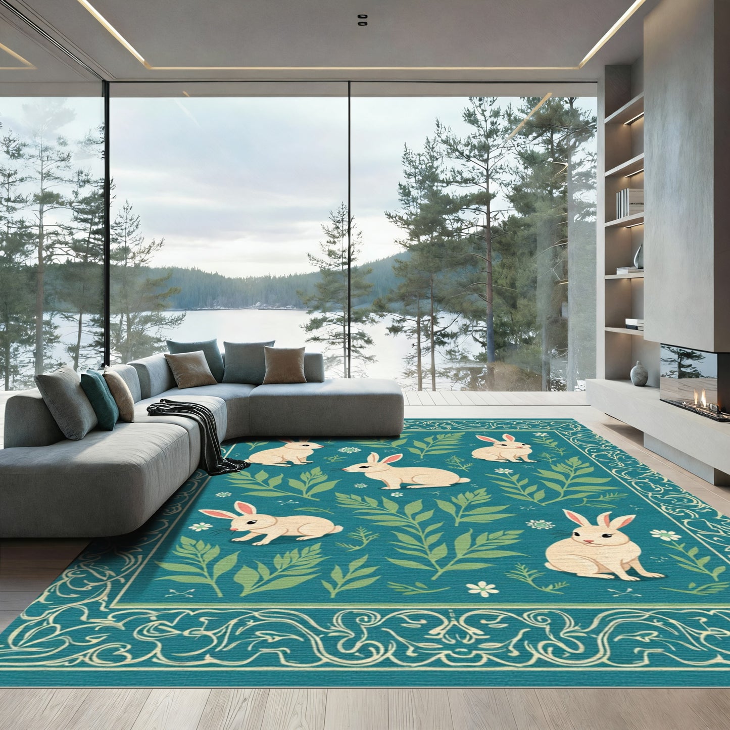 Cream Rabbits Green Foliage Border Rug
