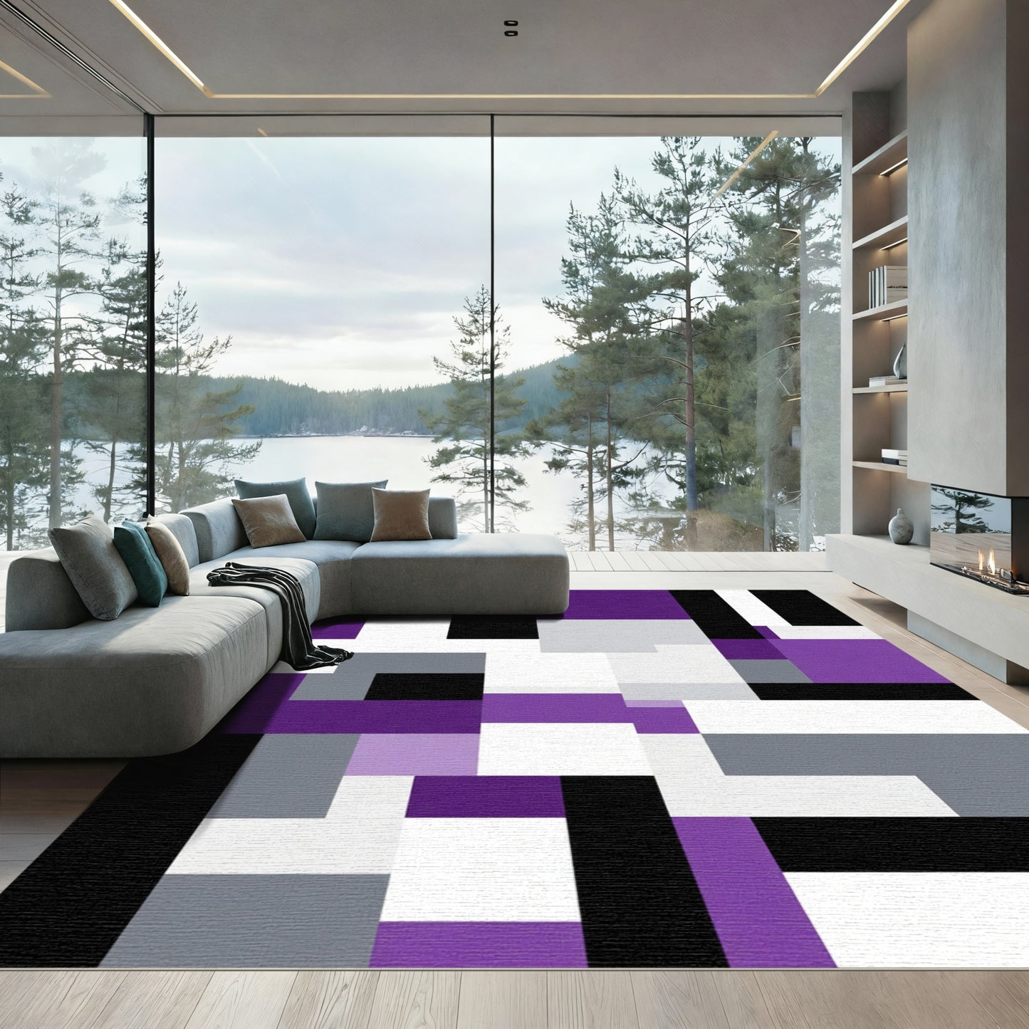 Abstract Purple Gray Black Rectangles Rug