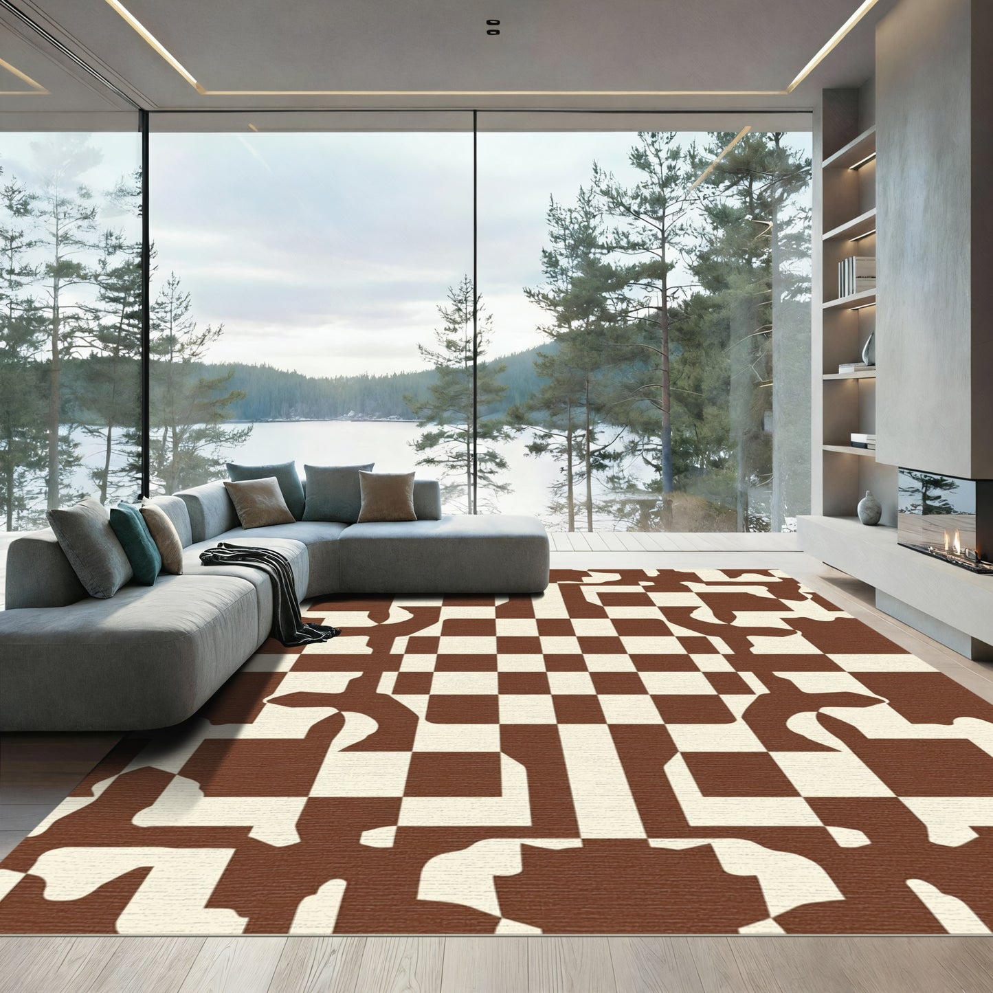 Brown Cream Chessboard Organic Form Rug