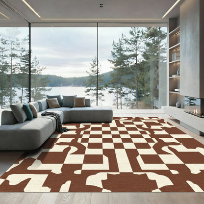 Brown Cream Chessboard Organic Form Rug