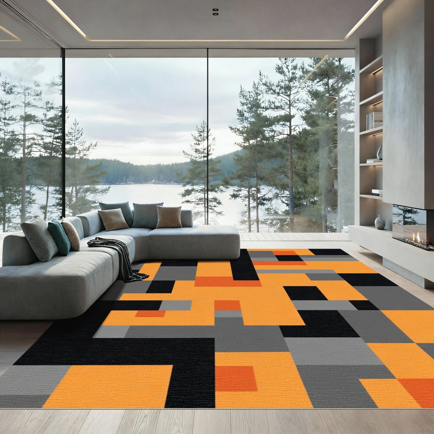 Contemporary Orange Black Geometric Blocks Rug