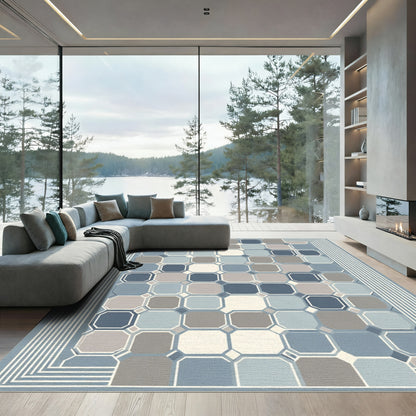 Cool Blue Geometric Octagon Grid Area Rug