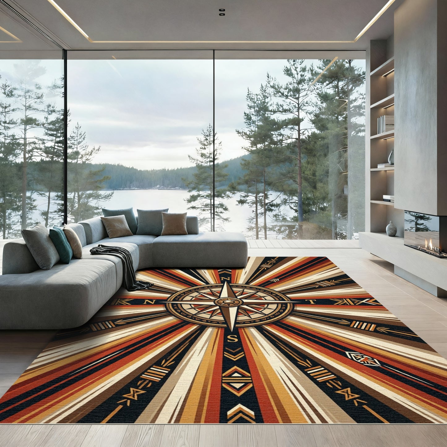 Earthy Radiant Sunburst Compass Star Rug