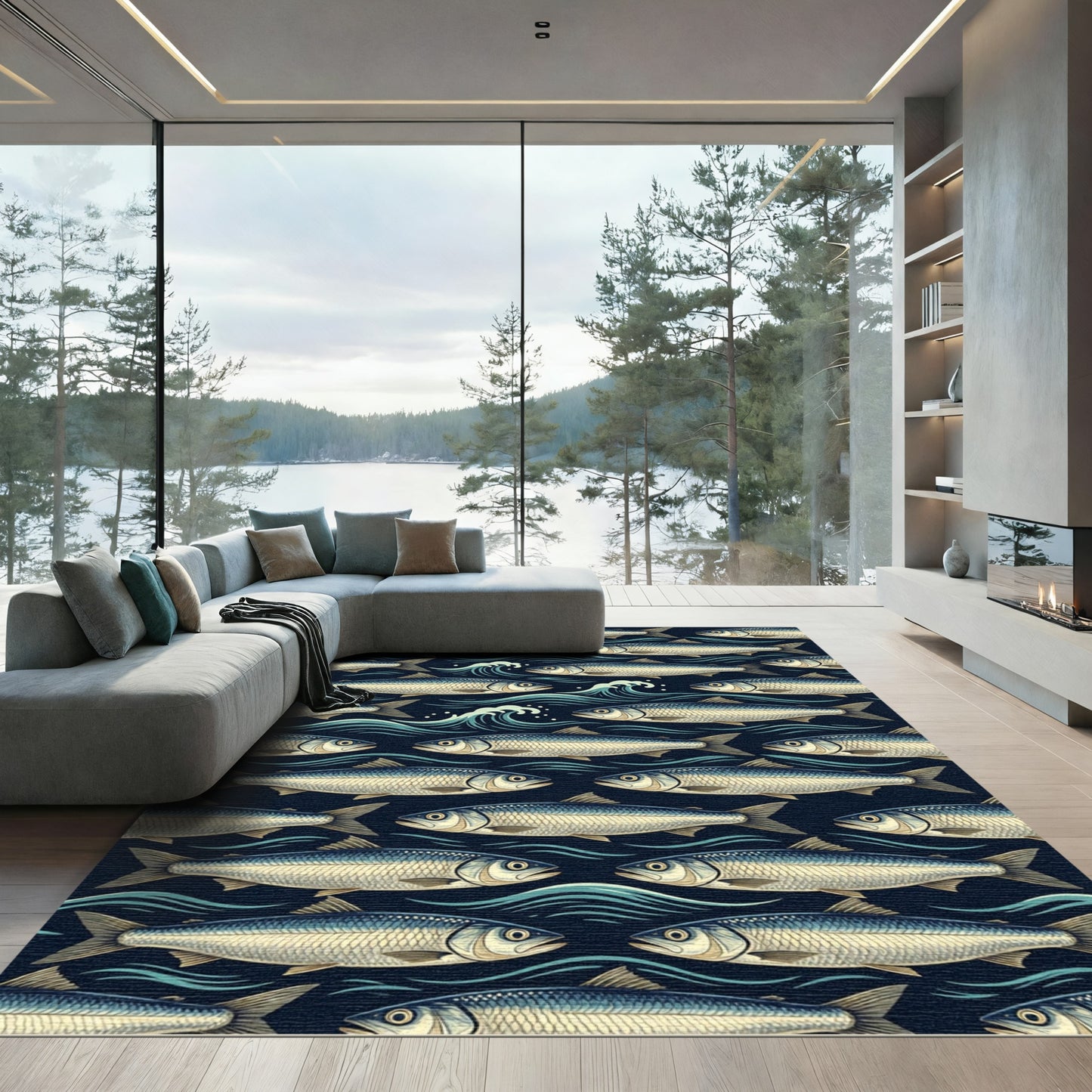 Midnight Herring Shoal Marine Wave Rug