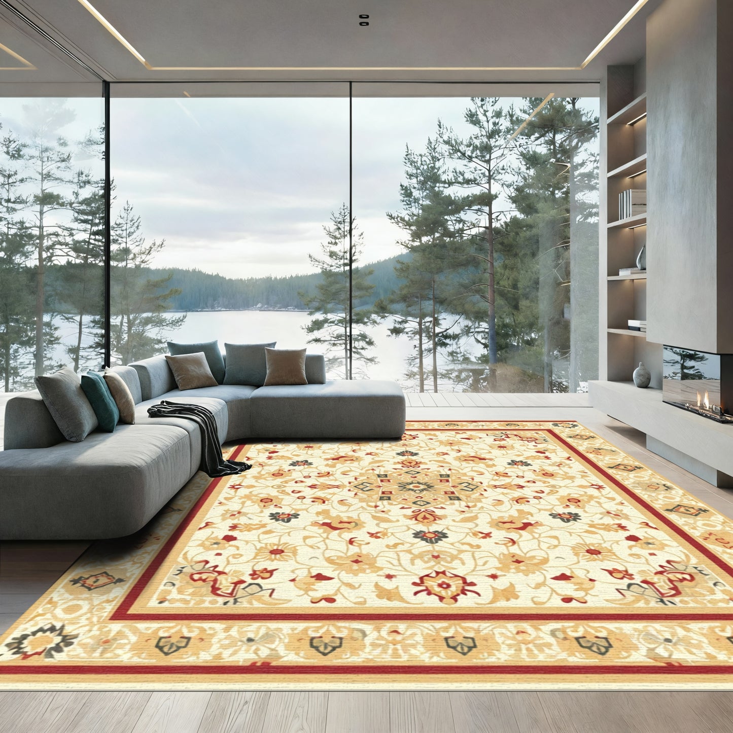 Cream Red Floral Medallion Border Rug