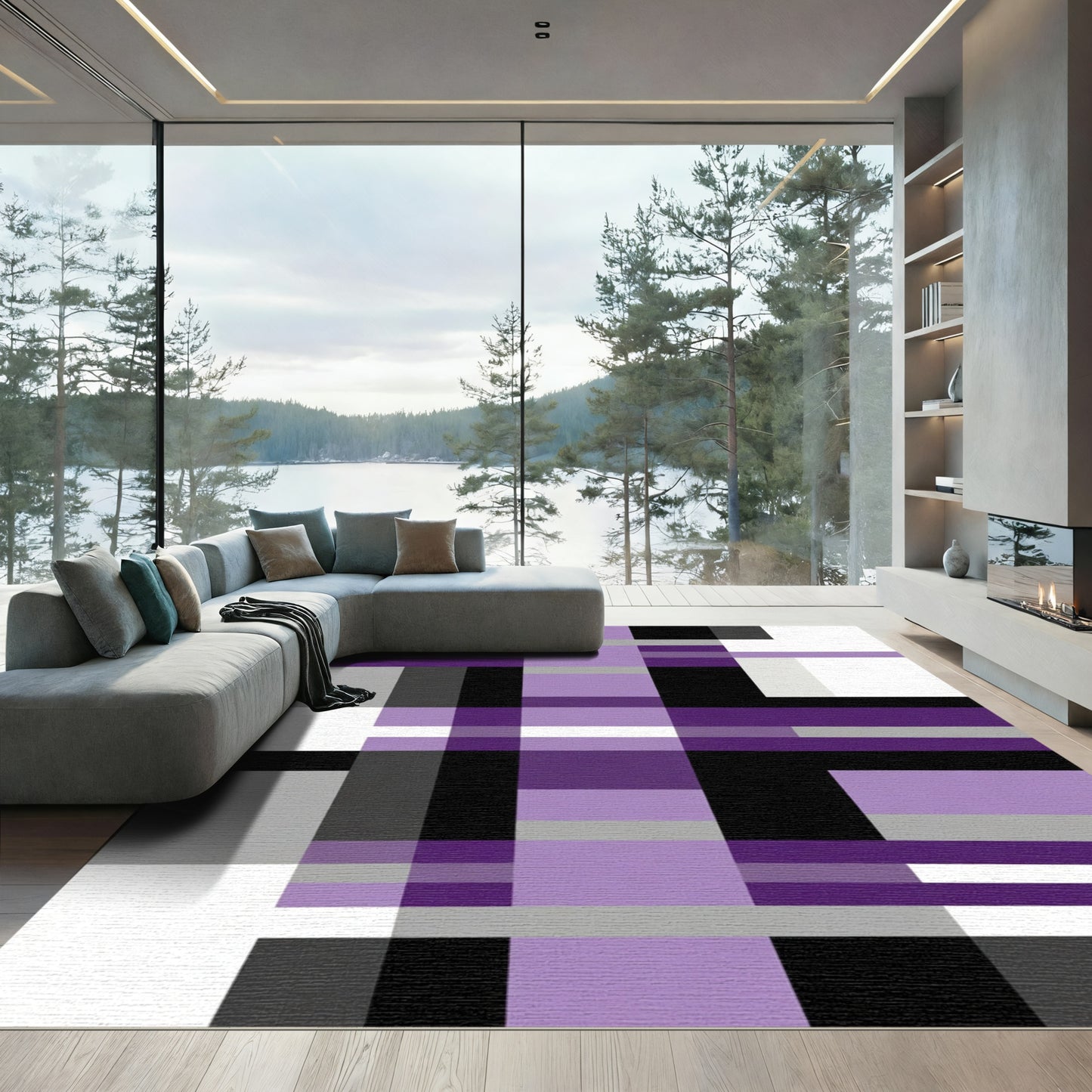 Deep Purple Gray Plaid Blocks Rug