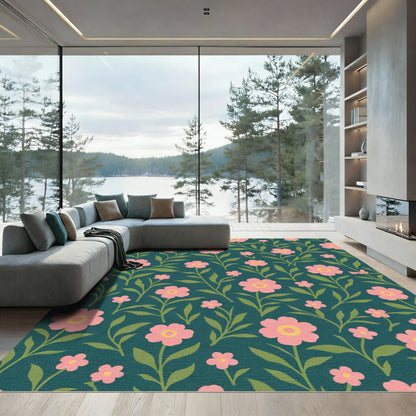 Pink Floral Vines On Teal Background Rug