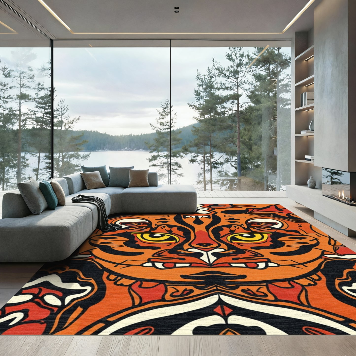 Bold Orange Tiger Face Symmetry Rug