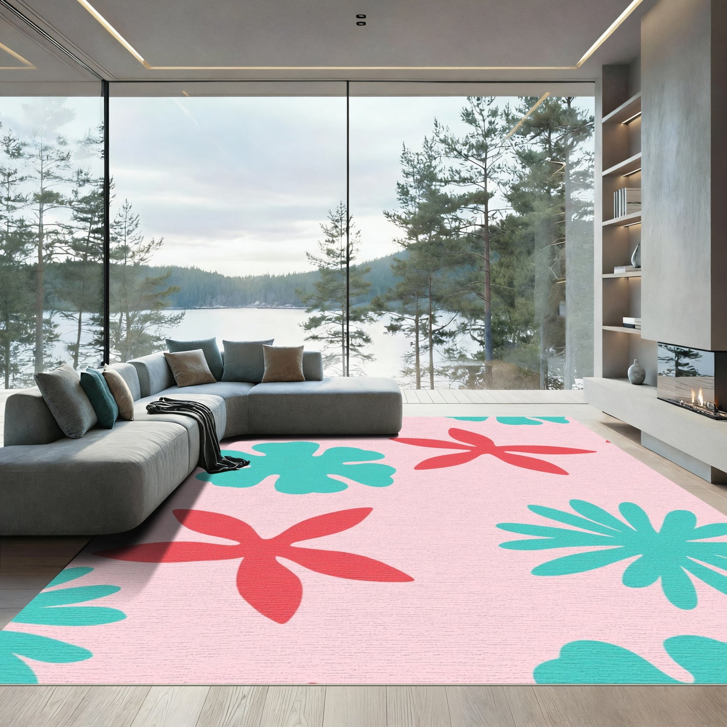 Pink Coral Teal Floral BloomsRug Rug