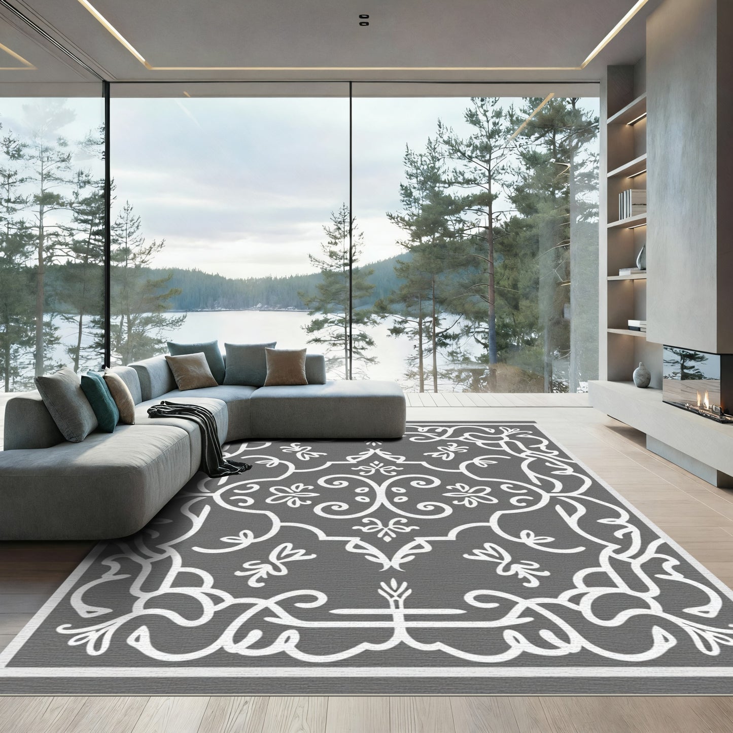 White Flourish Filigree Scrollwork Rug