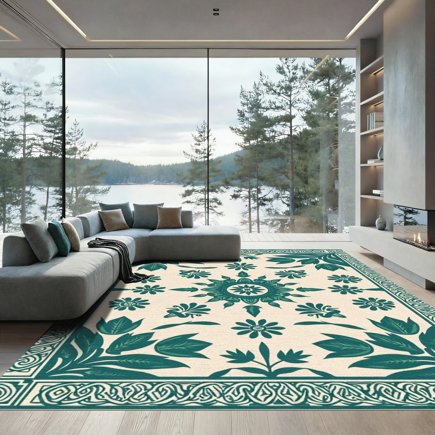 Teal Botanical Medallion Floral Border Rug