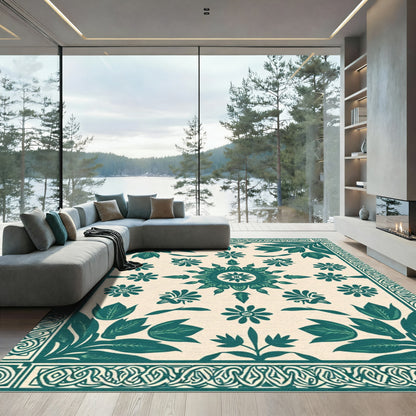 Teal Botanical Medallion Floral Border Rug