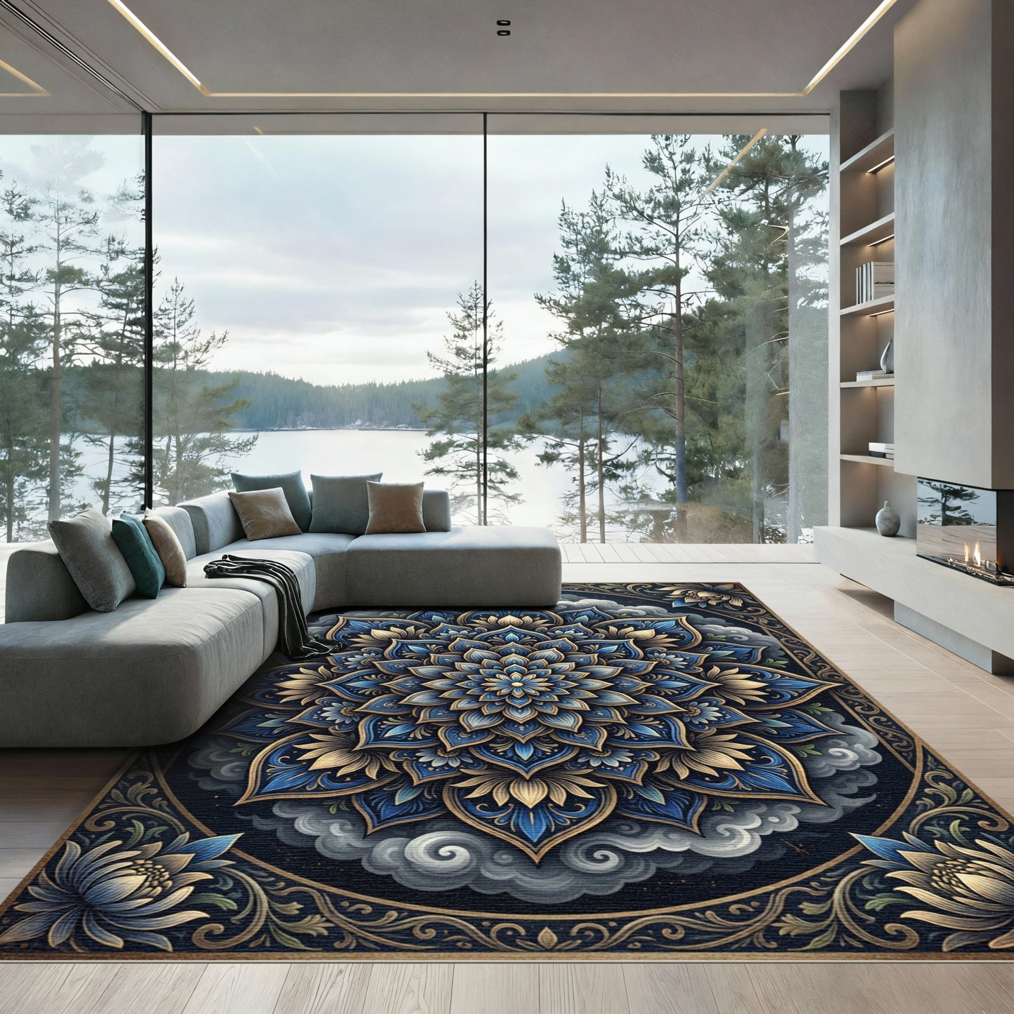 Midnight Blue Floral Mandala Cloud Medallion Rug