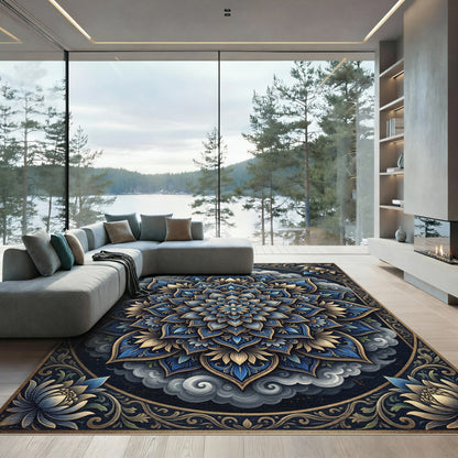 Midnight Blue Floral Mandala Cloud Medallion Rug