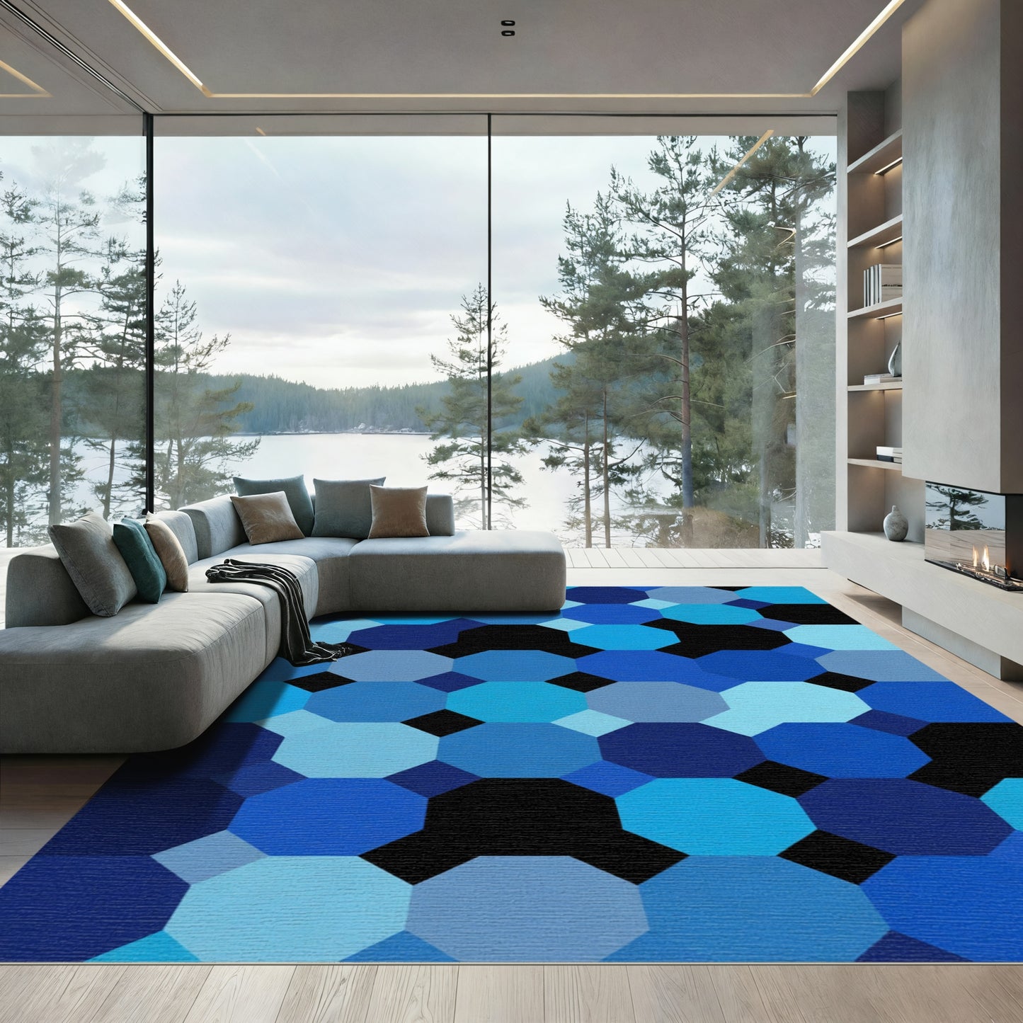 Deep Blue Octagon Mosaic Rug