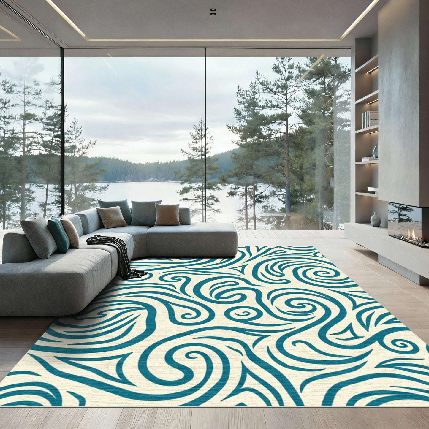 Teal Swirl Abstract Organic Rug