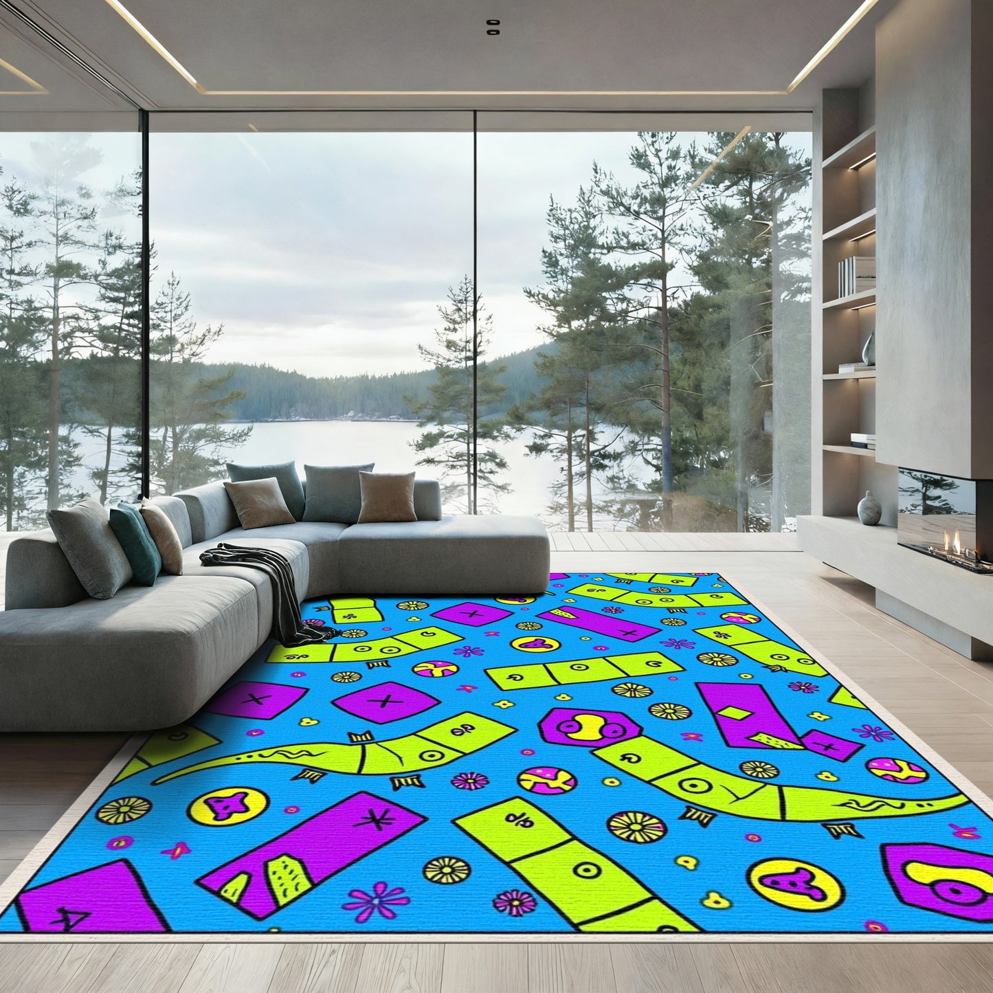 Whimsical Neon Geometric Creatures Rug