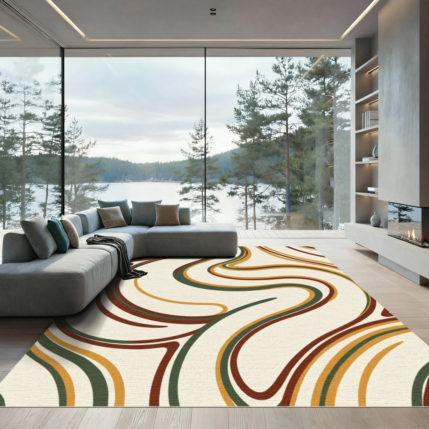 Retro Earthy Swirl Lines Rug