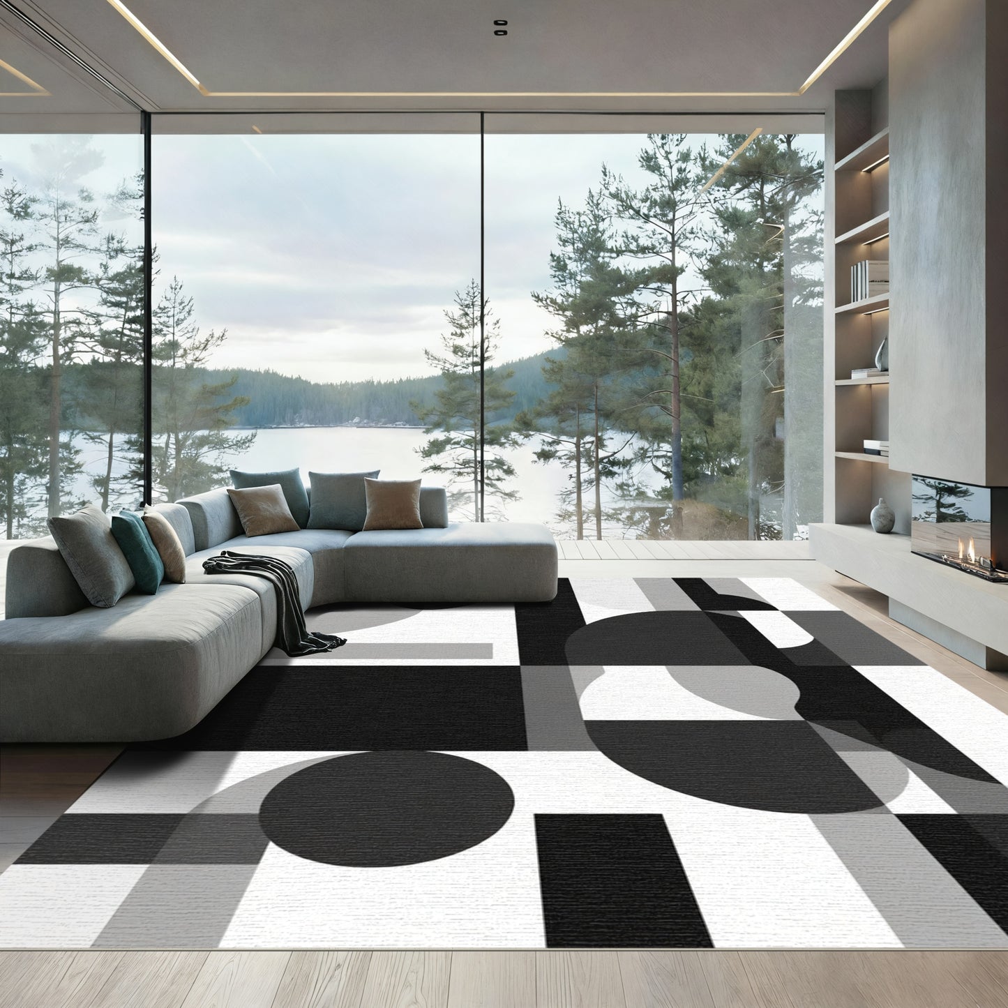 Monochromatic Abstract Geometric Squares Circles Rug