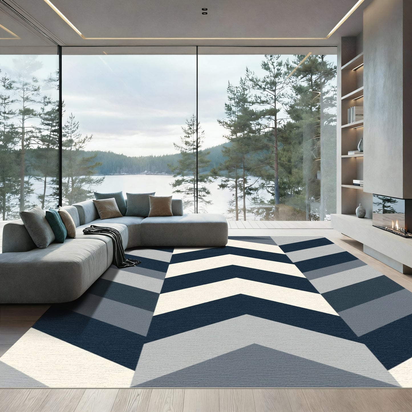Navy Cream Gray Chevron Lines Rug