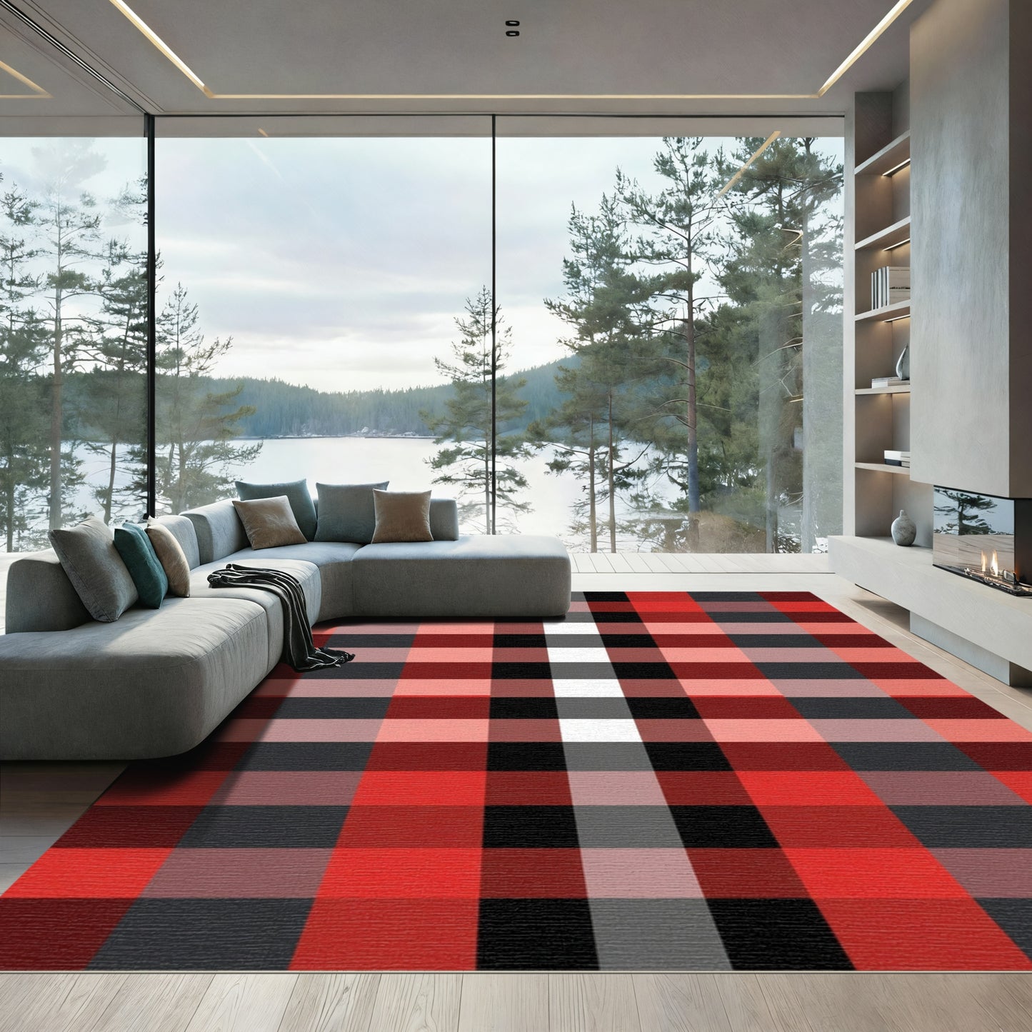 Red Black Gray White Plaid Check Rug