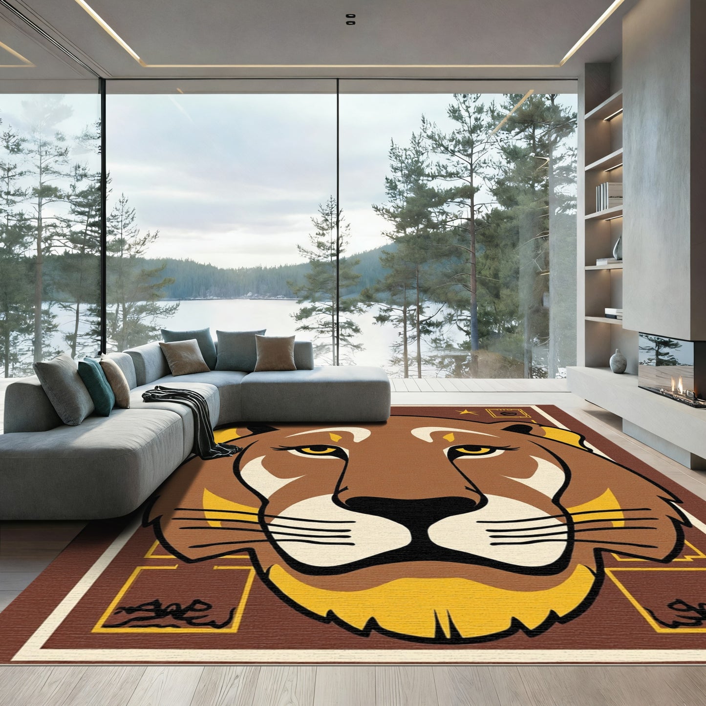 Brown Lion Face With Yellow Accents Rug