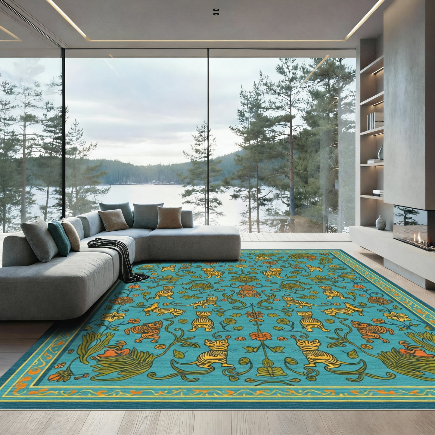 Teal Gold Whimsical Feline Floral Rug