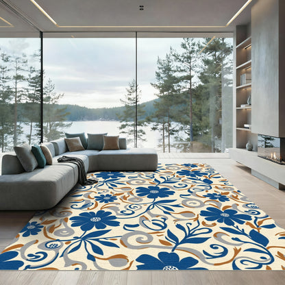 Navy Blue Floral Swirl Scrolling Vines Rug