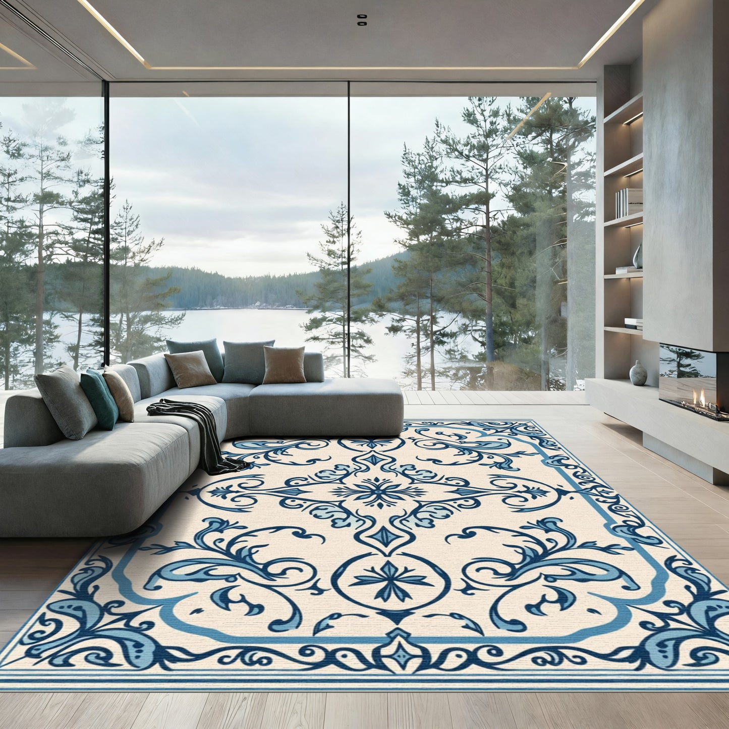 Blue and Cream Classic Floral Scroll Rug