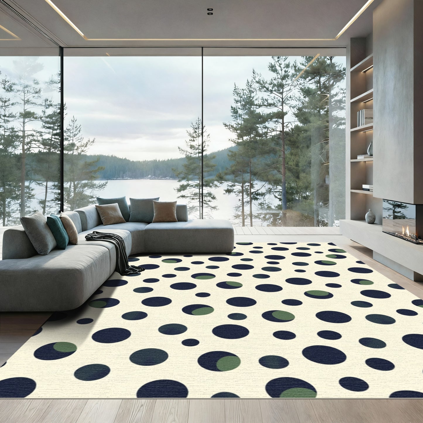 Cream And Navy Polka Dot Mix Rug