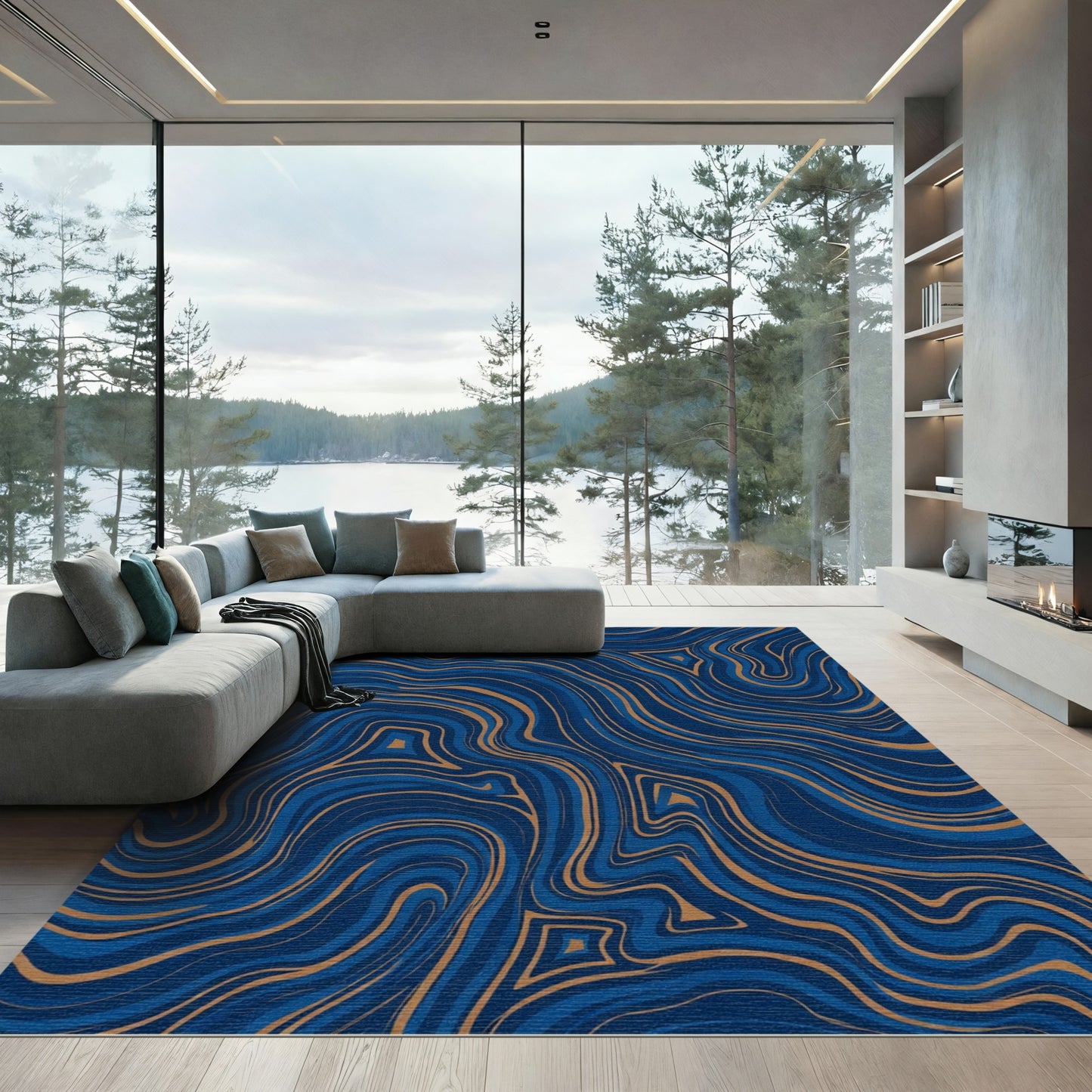 Deep Blue Gold Agate Swirl Rug