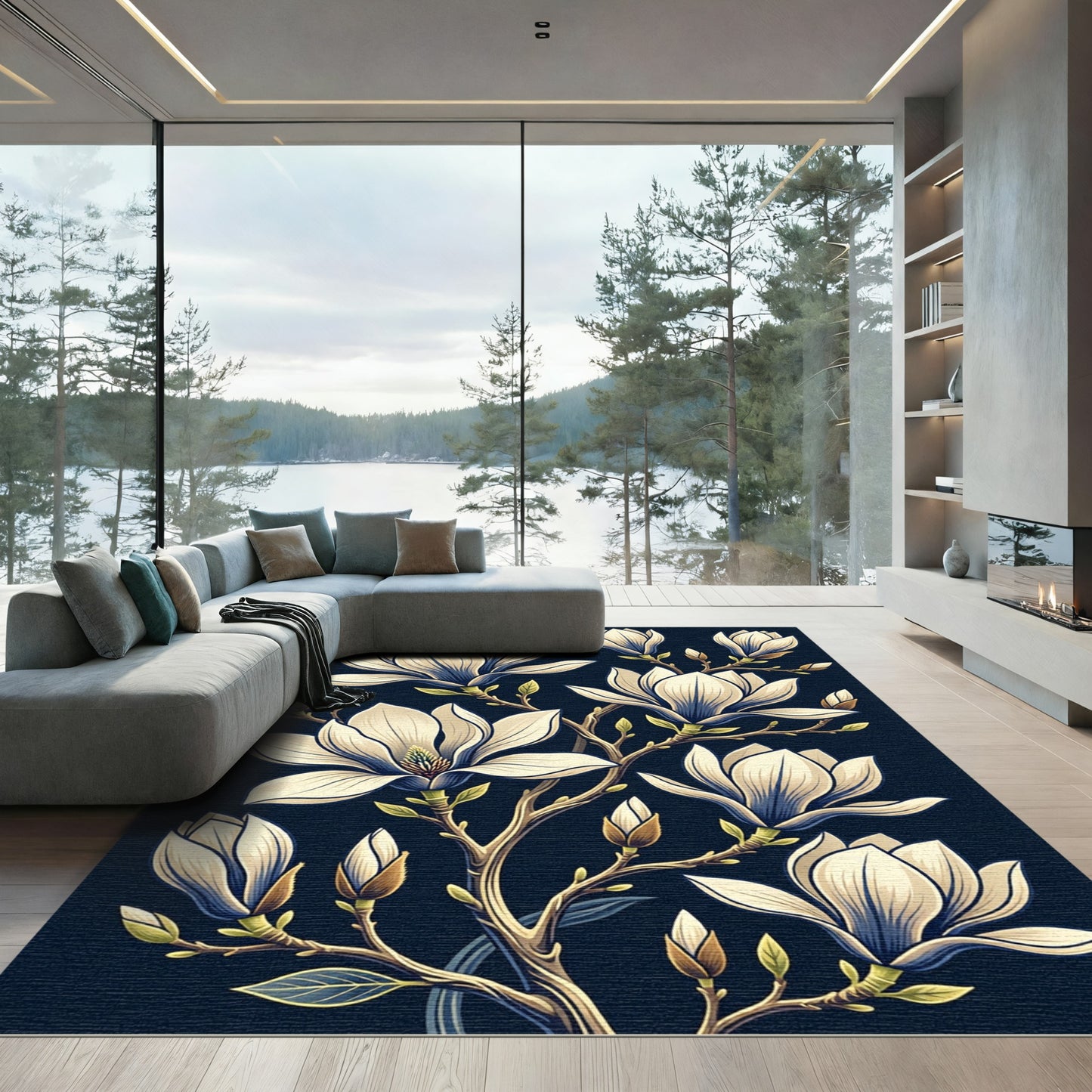 Elegant Cream Magnolia Blossom Navy Background Rug