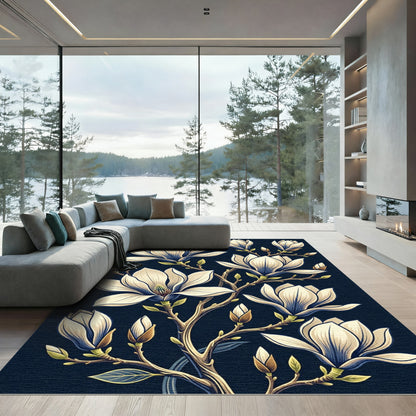 Elegant Cream Magnolia Blossom Navy Background Rug