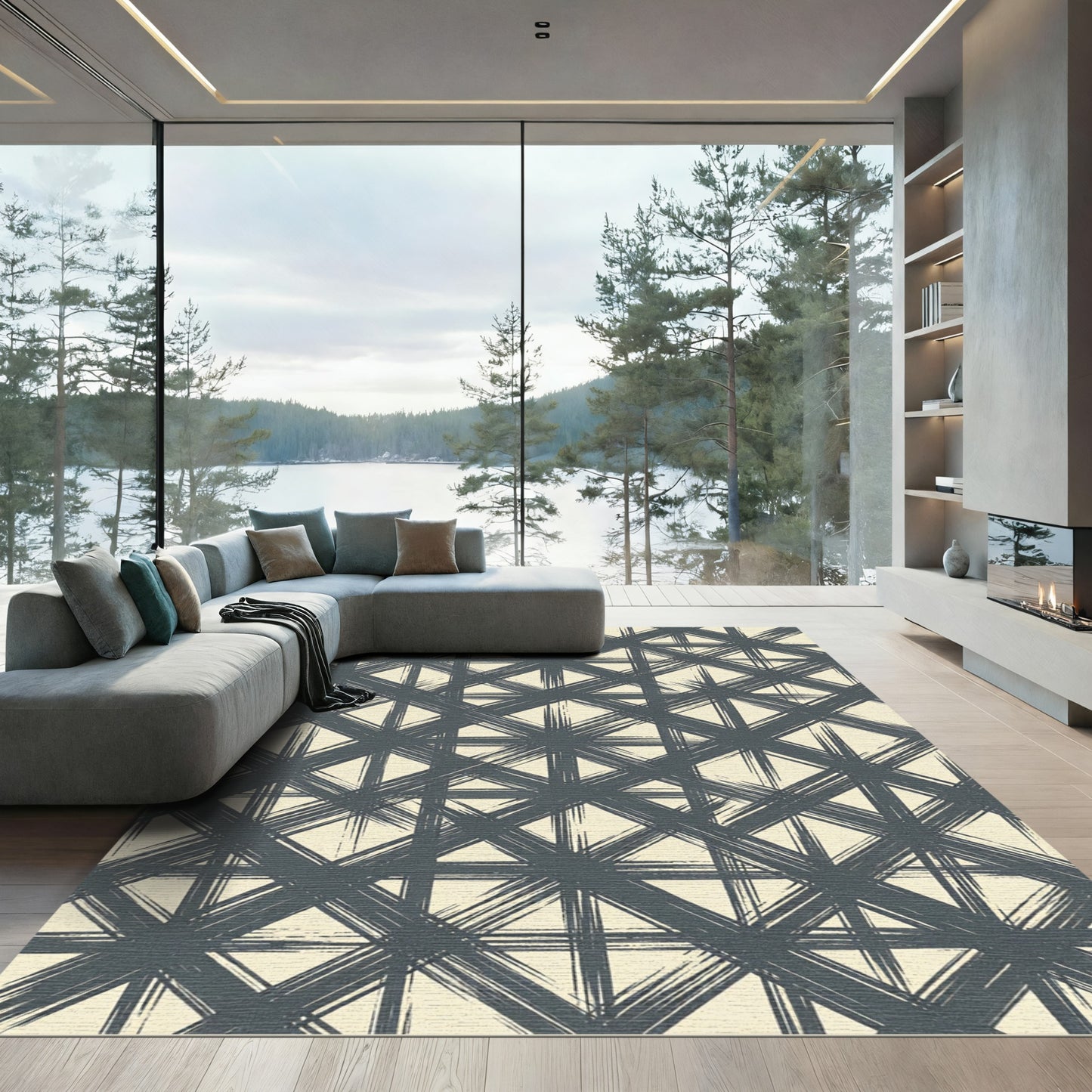 Dark Gray Brushstroke Lattice Rug