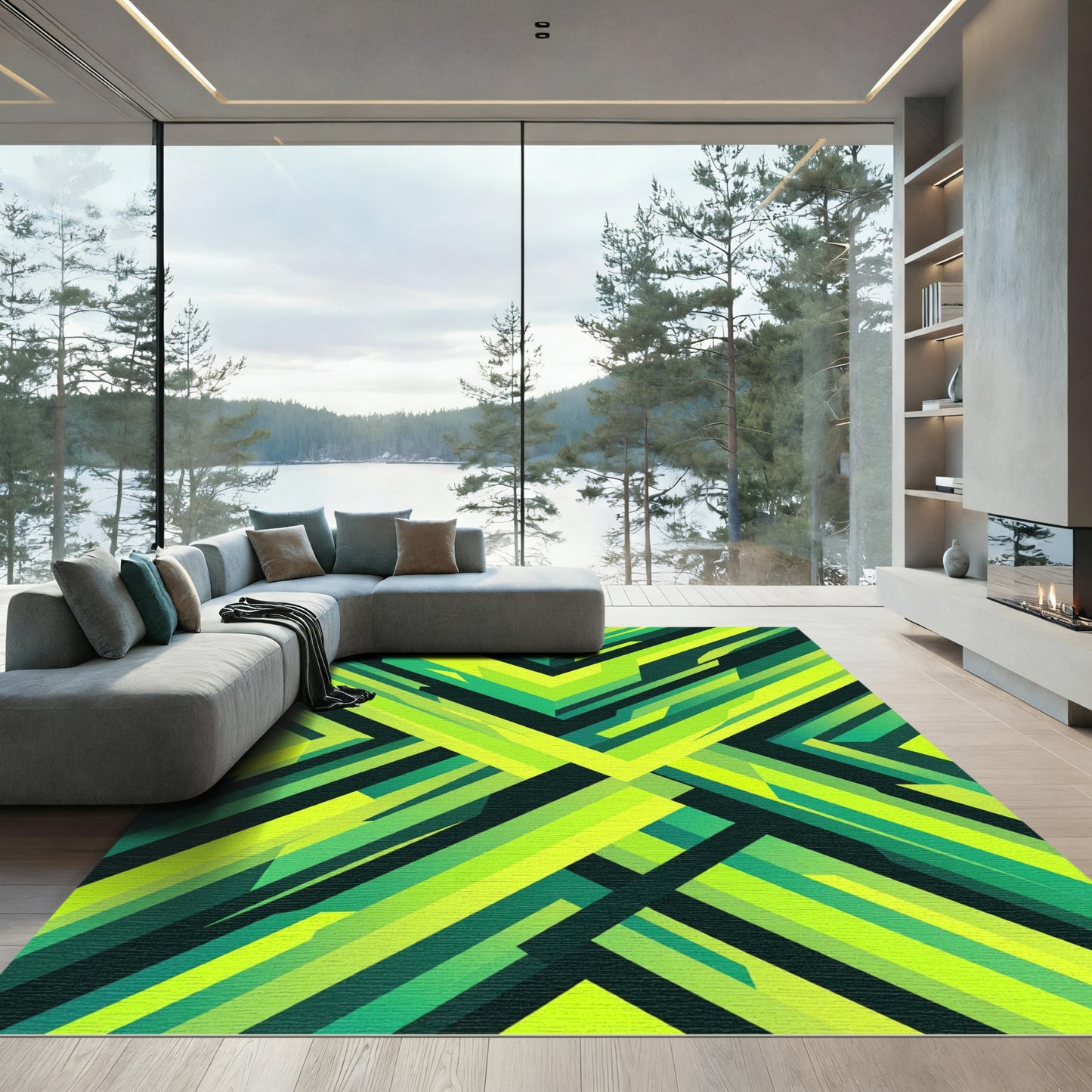 Vibrant Lime Green Geometric Chevron Rug
