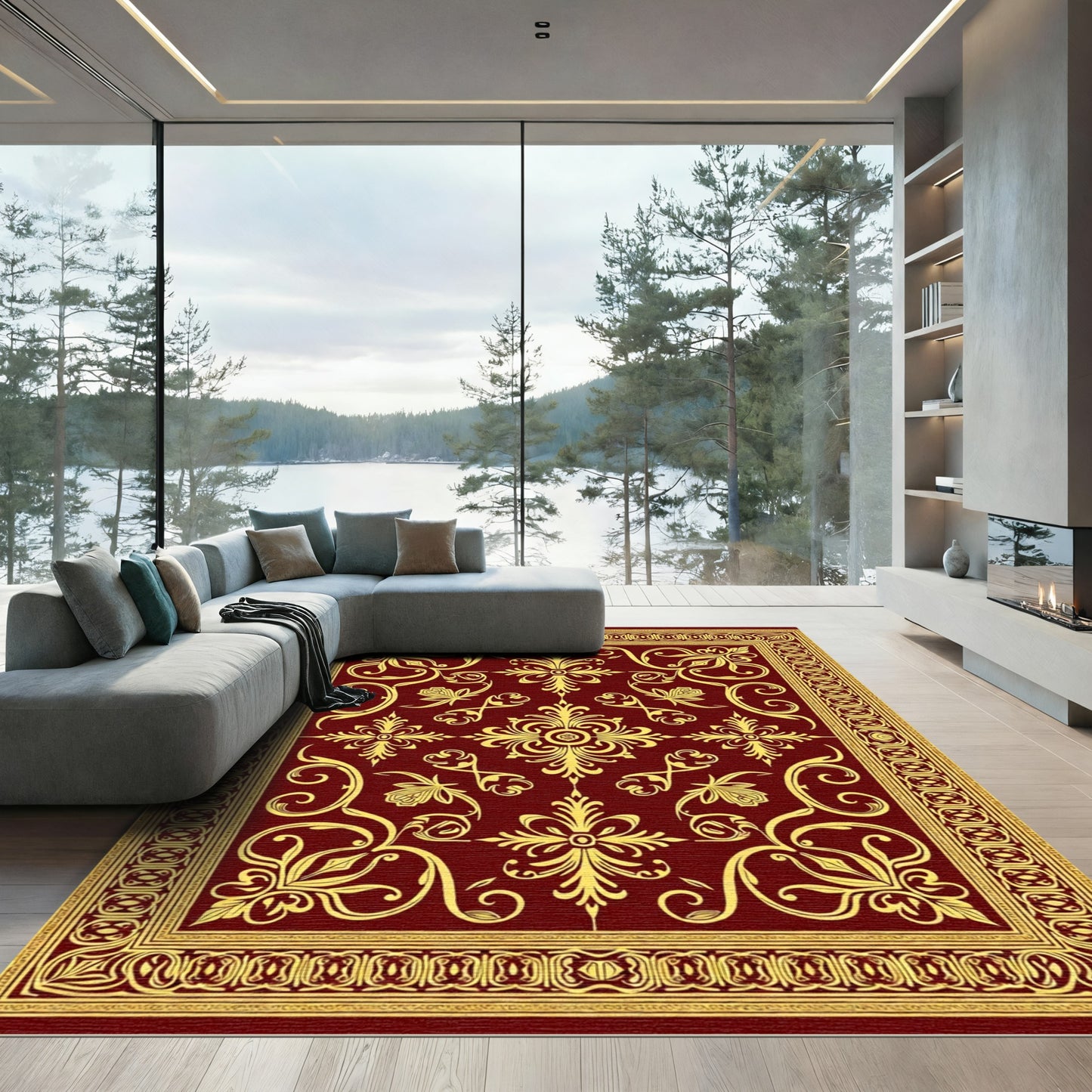 Deep Crimson Golden Vine Flourish Rug