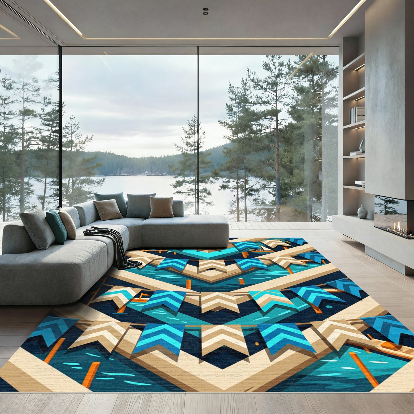 Geometric Navy Blue Nautical Bunting Rug
