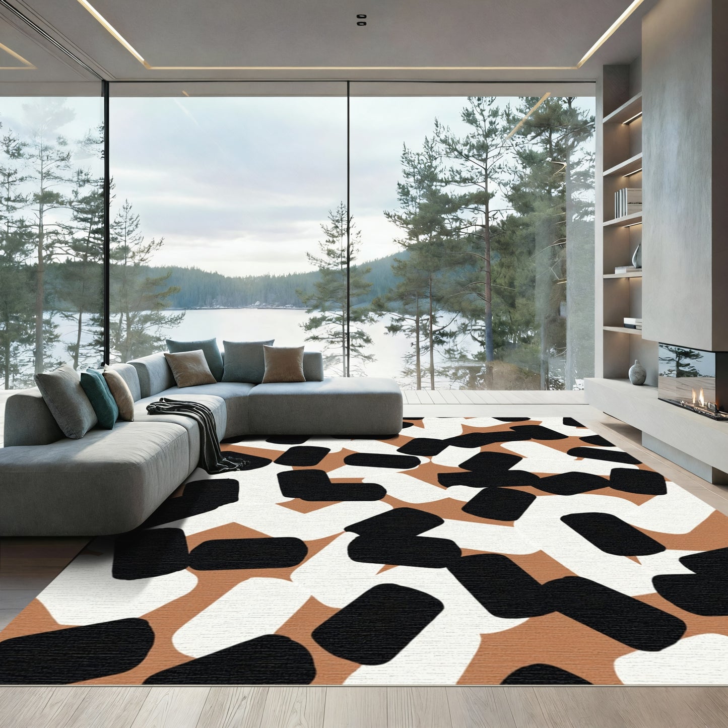 Tan Black White Brushstroke Jumble Rug